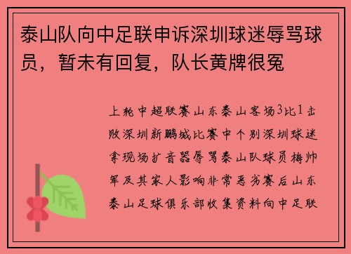 泰山队向中足联申诉深圳球迷辱骂球员，暂未有回复，队长黄牌很冤
